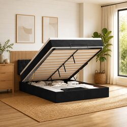 Stylish Black Velvet Queen Ottoman Bed with Pocket Spring Mattress