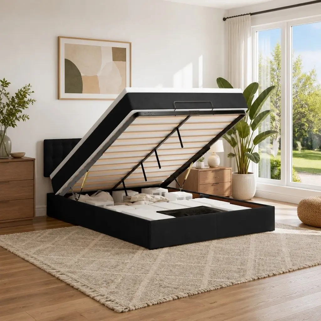 Ottoman Bed Velvet Pocket Spring Mattress Hydraulic Lift Under-Bed Storage LED Lights Black
