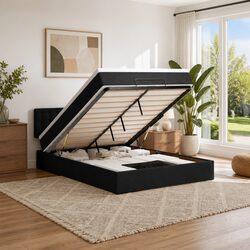 Ottoman Bed with Pocket Spring Mattress LED Lights Under-Bed Storage Black