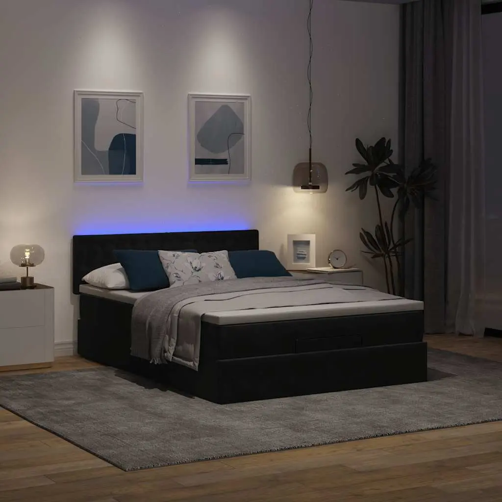 Ottoman Bed Velvet Pocket Spring Mattress Hydraulic Lift Under-Bed Storage LED Lights Black