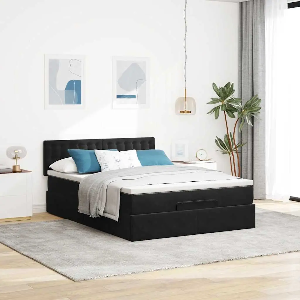 Ottoman Bed Velvet Pocket Spring Mattress Hydraulic Lift Under-Bed Storage LED Lights Black