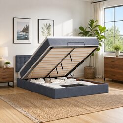 Grey Velvet Queen Ottoman Bed with Pocket Spring Mattress