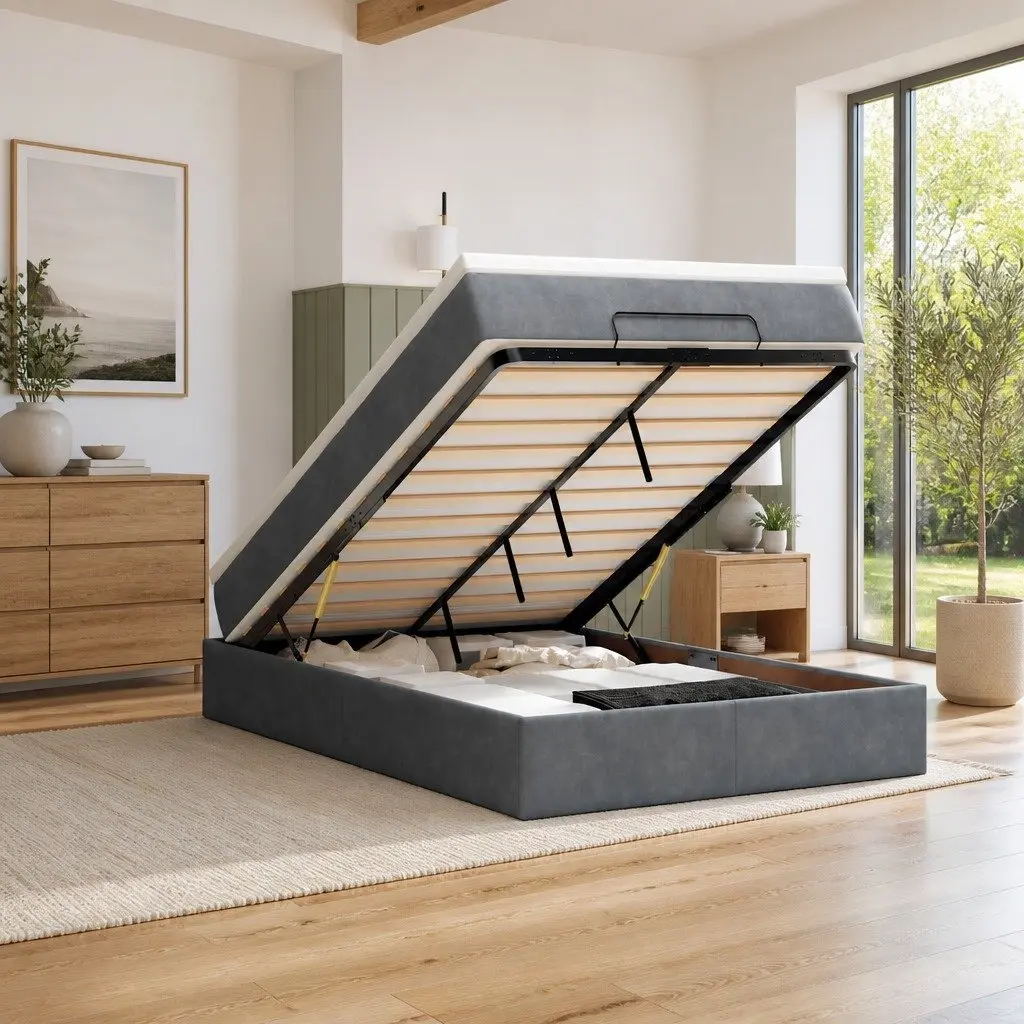 King Single Ottoman Bed with Pocket Spring Mattress in Grey