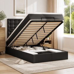 Ottoman Bed Frame King Single with Pocket Spring Mattress Black Storage Lift