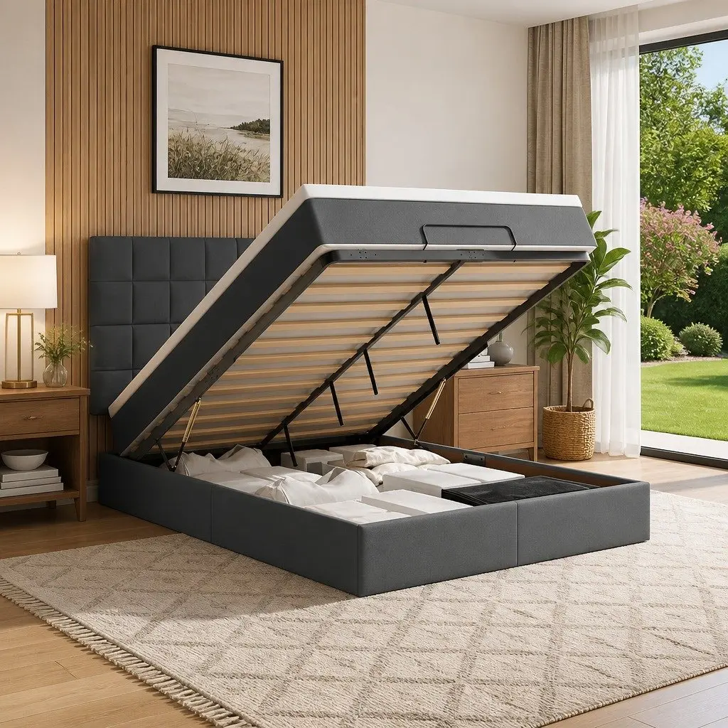 Ottoman Bed Grey Fabric Queen Size with Mattress Pocket Spring Slat Base Storage Lift