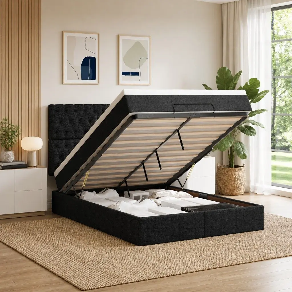 Ottoman Bed with Pocket Spring Mattress in Black