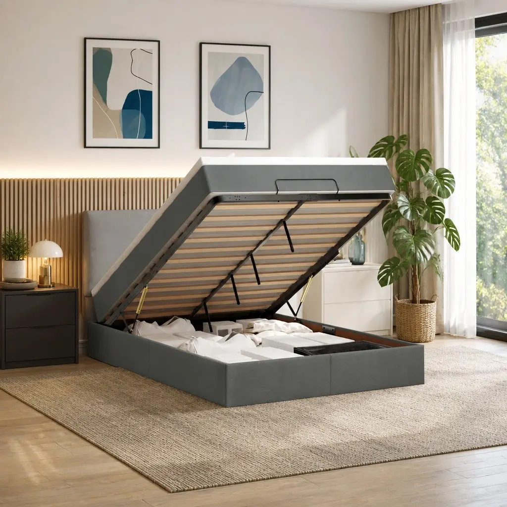 Ottoman Bed with Grey Pocket Spring Mattress for Storage