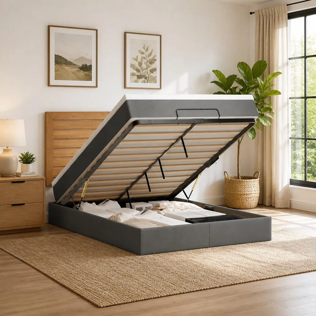 Ottoman Bed Grey Fabric Queen Size with Mattress Storage Lift Hydraulic Frame