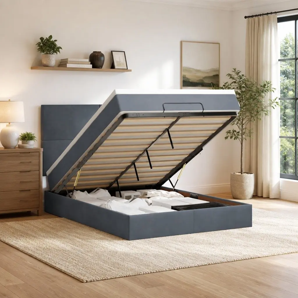 Grey Velvet Queen Ottoman Bed with Pocket Spring Mattress