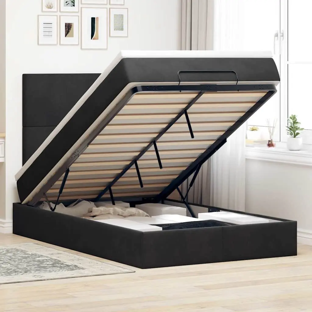 Ottoman Bed Velvet King Single Black with Mattresses Storage Lift Base