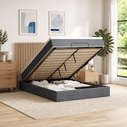 Double Grey Velvet Ottoman Bed with Mattresses and Storage