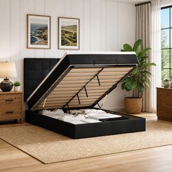 Ottoman Bed Double Black Velvet with Mattresses Storage Hydraulic Lift Pocket