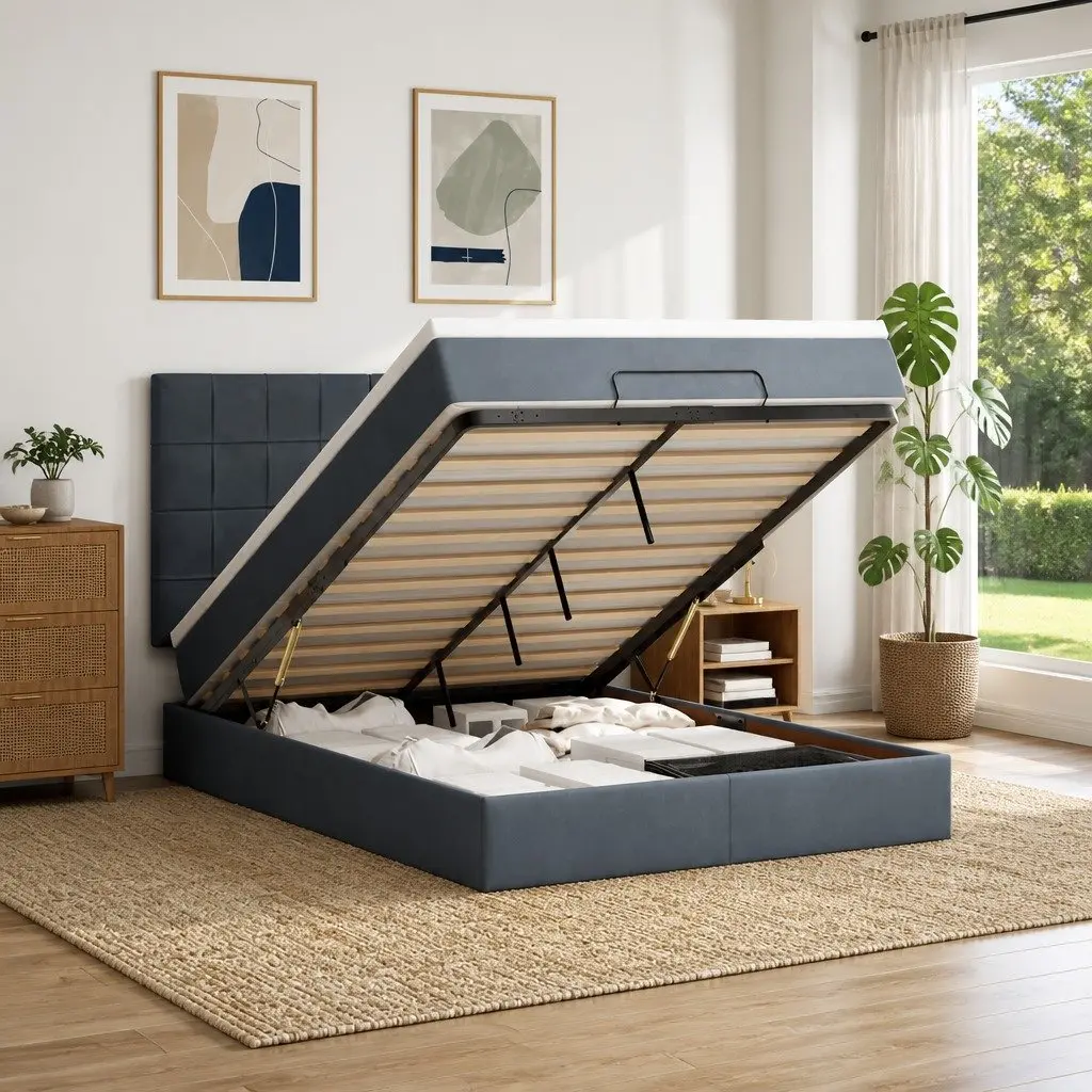 Ottoman Storage Bed Velvet Queen Grey with Pocket Spring Mattress