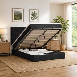 Black Velvet Queen Ottoman Bed with Pocket Spring Mattress