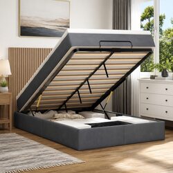 King Single Ottoman Bed with Grey Velvet and Mattresses