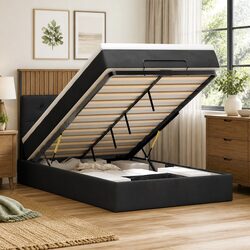 Premium King Single Ottoman Bed with Mattresses in Black Velvet