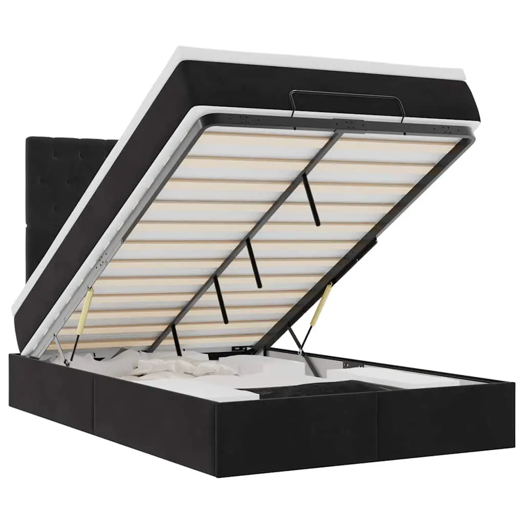 Ottoman Bed Frame Black Velvet King Single with Pocket Spring Mattress and Hydraulic Lift Storage