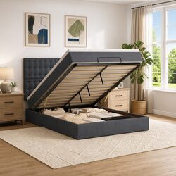 Stylish Grey Velvet Ottoman Bed with Hydraulic Lift