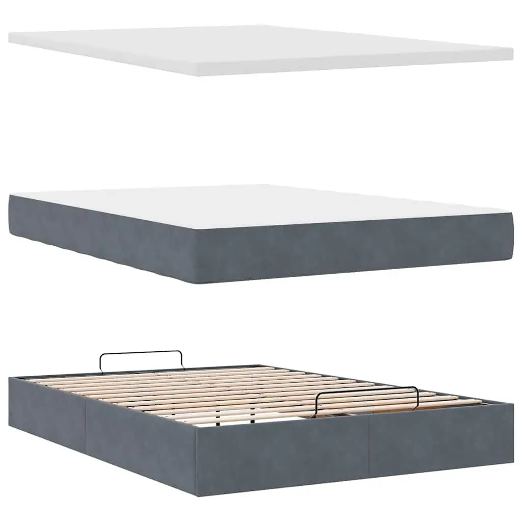 Grey Velvet Ottoman Bed Queen with Pocket Spring Mattress