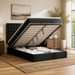Double Ottoman Bed with Pocket Spring Mattress LED Lights Storage Black Faux
