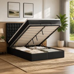 Black Faux Leather Ottoman Bed Queen with Pocket Spring Mattress