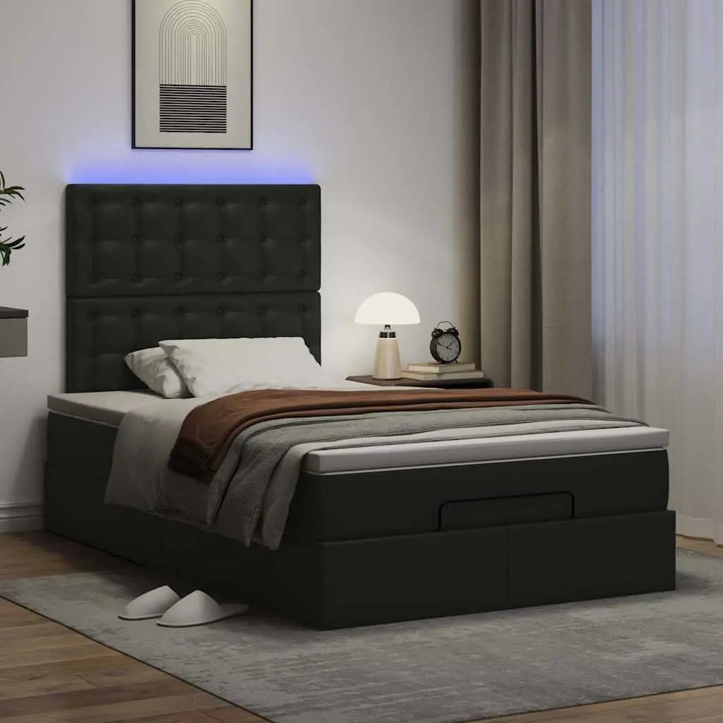 Ottoman Bed King Single Faux Leather Pocket Spring Mattress Black with LED Lights