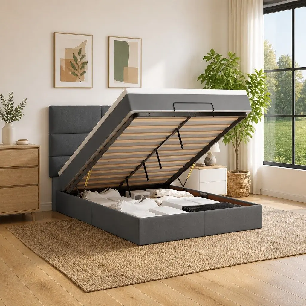 Ottoman Bed Pocket Spring Mattress Hydraulic Lift Storage Queen Grey Polyester Fabric