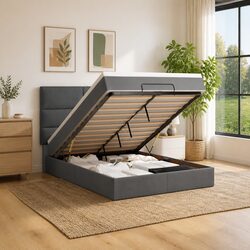 Grey Fabric Ottoman Bed with Pocket Spring Mattress and LED Lights