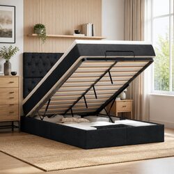 Sturdy Ottoman Bed with Pocket Spring Mattress in Black