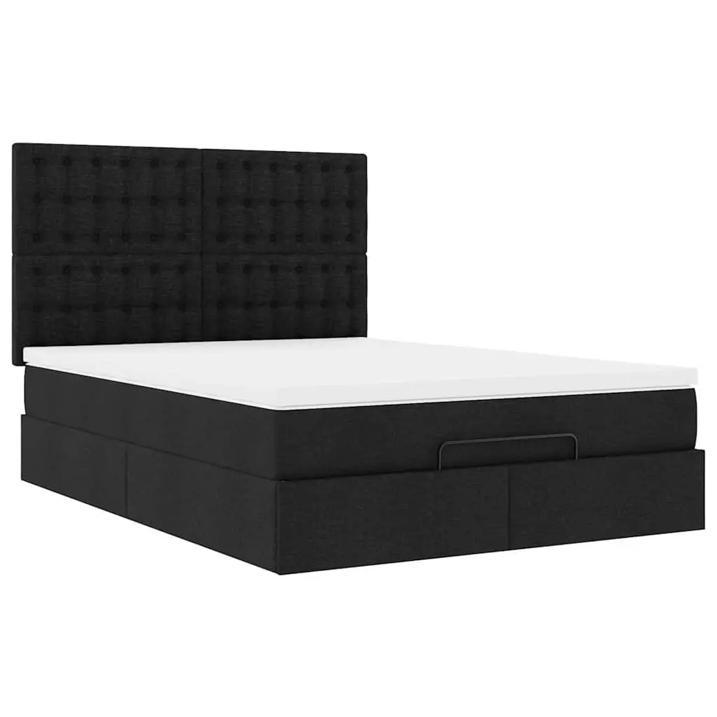 Ottoman Bed Double Black Fabric with Pocket Spring Mattress and LED Lights Storage