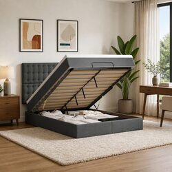 Ottoman Bed with Pocket Spring Mattress LED Lights Storage Queen Grey Fabric