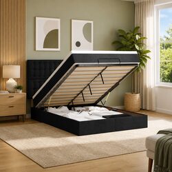 Queen Ottoman Bed with Pocket Spring Mattress LED Lights Storage Black