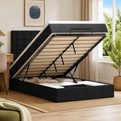 Ottoman Storage Bed King Single Black with Pocket Spring Mattress LED Lights