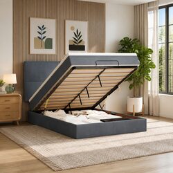 Queen Ottoman Bed with Velvet Pocket Spring Mattress and LED