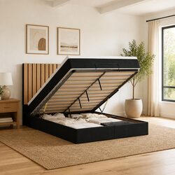 Queen Ottoman Bed with Pocket Spring Mattress Topper LED Lights Storage Black
