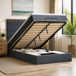 King Single Ottoman Storage Bed Grey Velvet with Mattresses