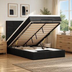 Premium Black Velvet Ottoman Bed King Single with Pocket Springs