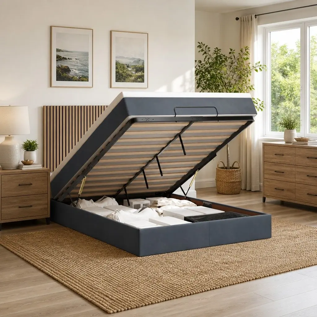 Ottoman Bed Grey Velvet Queen Size with Storage Pocket Spring Mattress Topper Hydraulic Lift and Adjustable LED Lights
