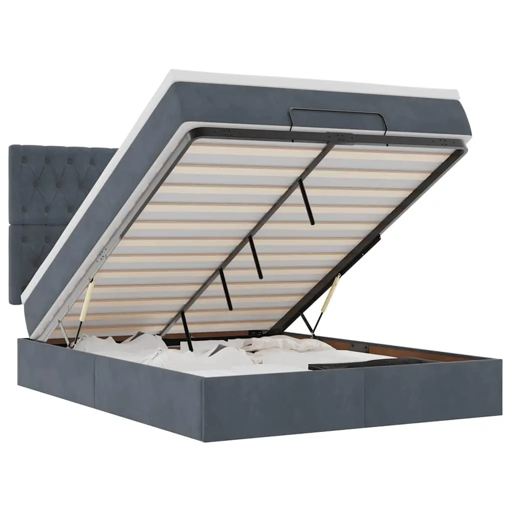 Ottoman Bed Grey Velvet Queen Size with Storage Pocket Spring Mattress Topper Hydraulic Lift and Adjustable LED Lights