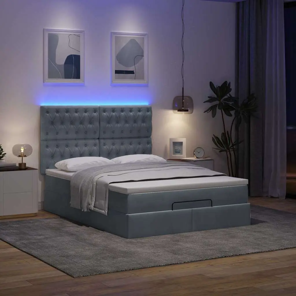 Ottoman Bed Grey Velvet Queen Size with Storage Pocket Spring Mattress Topper Hydraulic Lift and Adjustable LED Lights