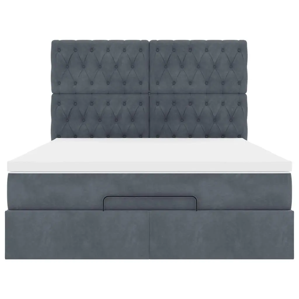 Ottoman Bed Grey Velvet Queen Size with Storage Pocket Spring Mattress Topper Hydraulic Lift and Adjustable LED Lights