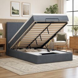 Ottoman Bed King Single with Pocket Spring Mattresses LED Lights Grey Velvet