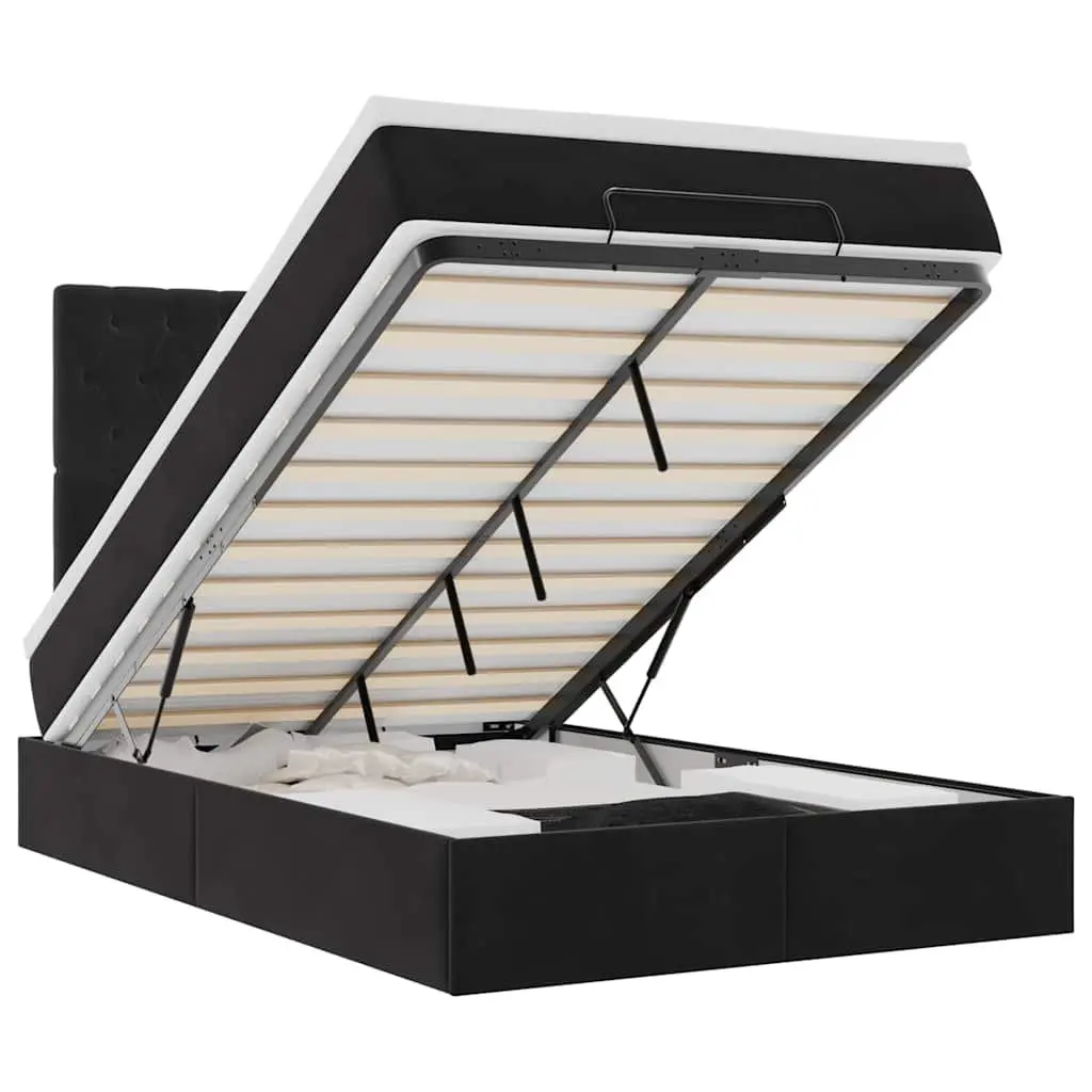 Ottoman Bed Velvet King Single Black with Pocket Spring Mattress and LED Lights