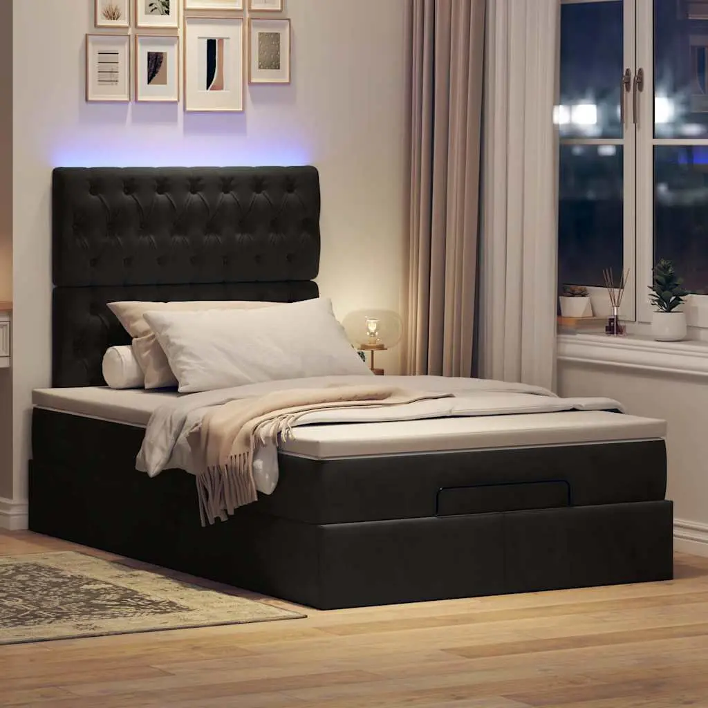 Ottoman Bed Velvet King Single Black with Pocket Spring Mattress and LED Lights