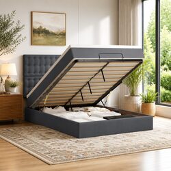 Grey Velvet Ottoman Bed with Pocket Spring Mattress