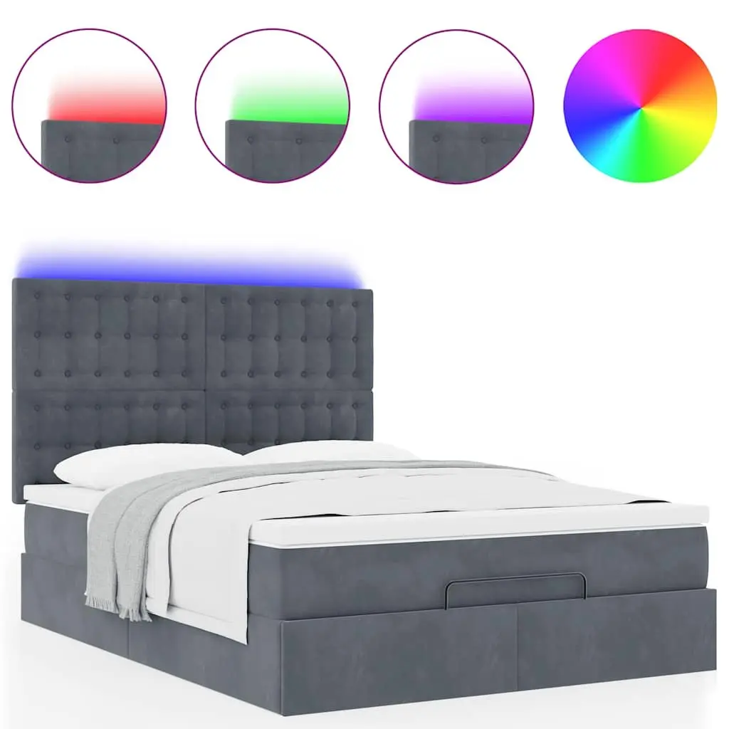 Ottoman Bed Queen Velvet Dark Grey with Pocket Spring Mattress Topper LED Lights