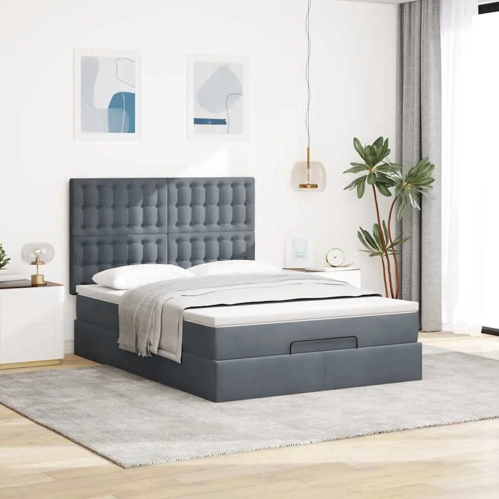 Ottoman Bed Queen Velvet Dark Grey with Pocket Spring Mattress Topper LED Lights
