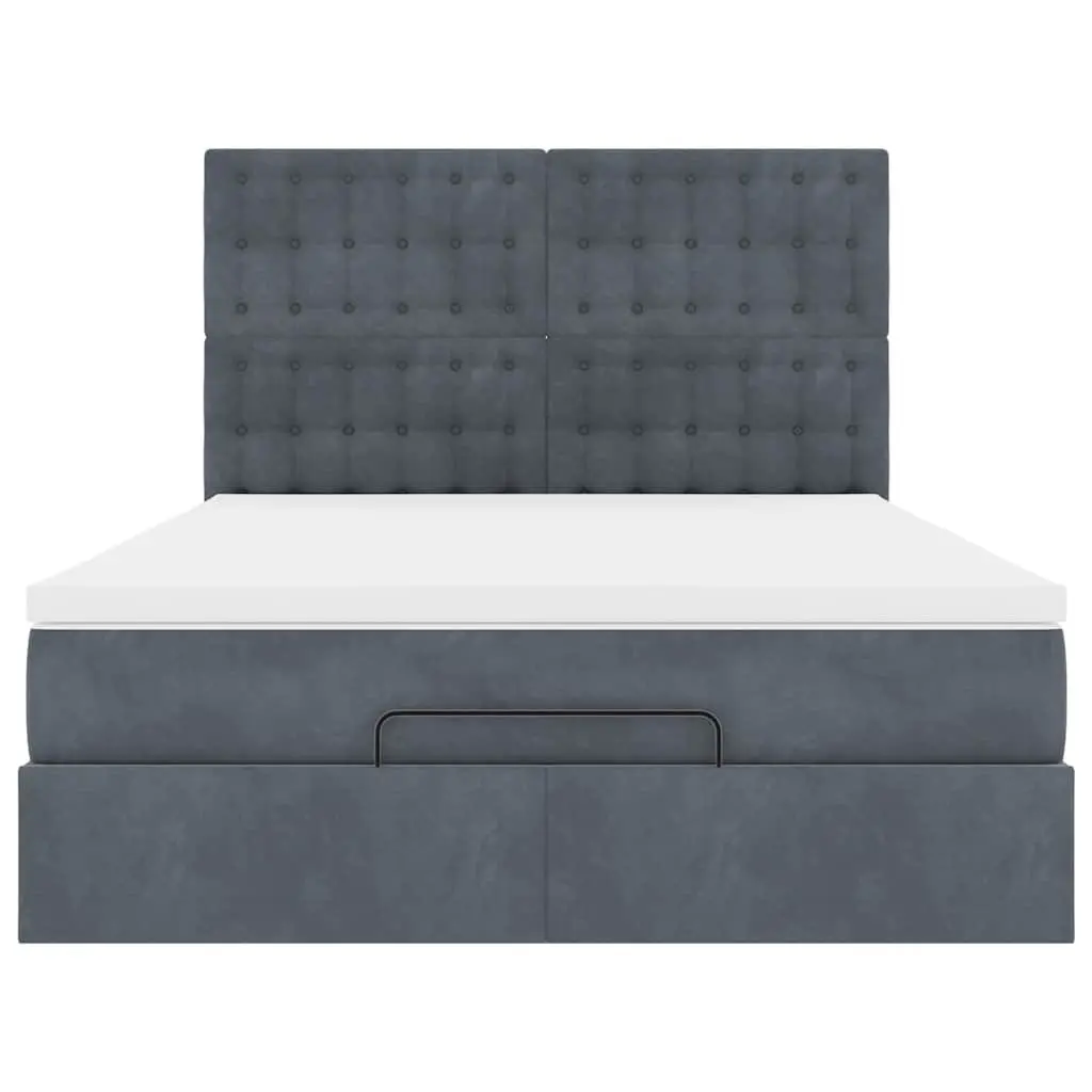Ottoman Bed Queen Velvet Dark Grey with Pocket Spring Mattress Topper LED Lights