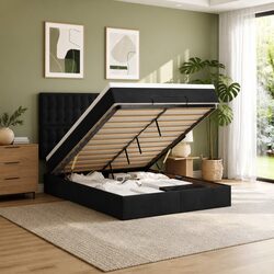 Queen Ottoman Bed with Pocket Spring Mattresses LED Lights Storage Black Velvet