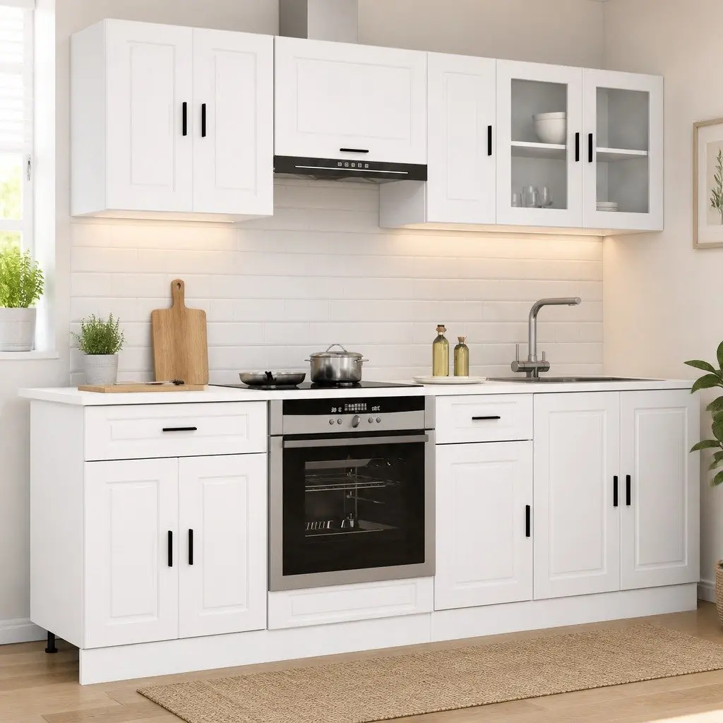 8-Piece White Engineered Wood Kitchen Cabinet Set